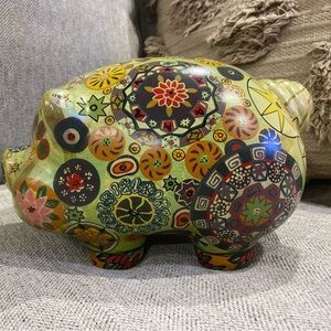 Beautiful Vintage 1960's Mexican Mandala Painted Ceramic piggy bank